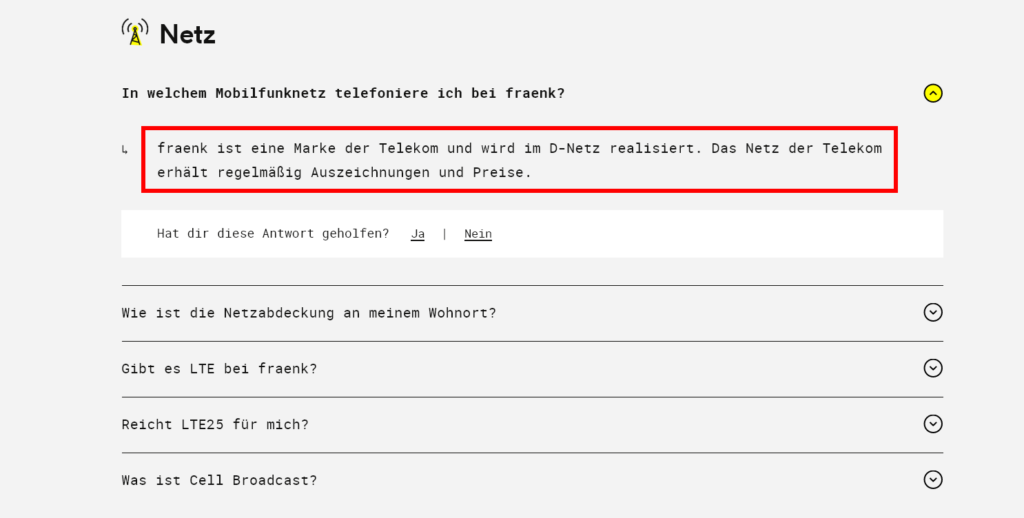 fraenk Netz Hinweis direkt in den FAQ